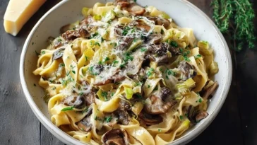 pates-aux-poireaux-caramelises-et-champignons-avec-gruyere