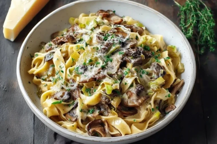 pates-aux-poireaux-caramelises-et-champignons-avec-gruyere