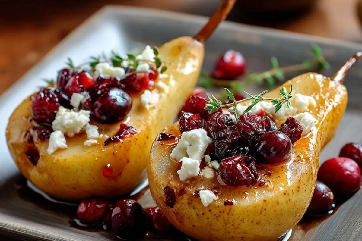Poires Cuites Au Feta, Miel Et Canneberges